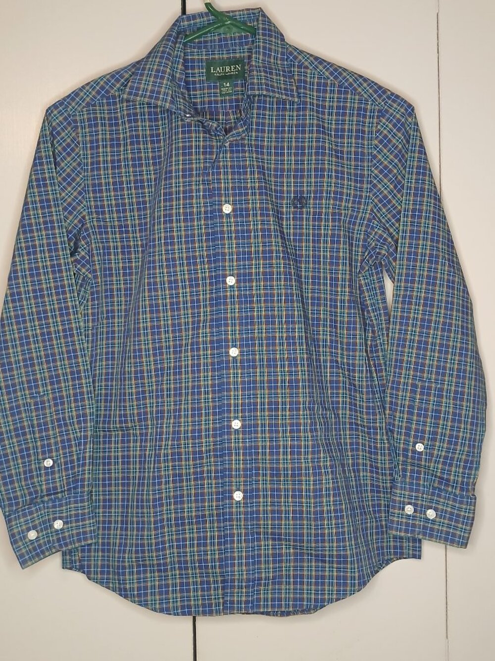 Laure Ralph Lauren Youth 14 Plaid Blue Green Cotton Shirt (1175E or B2)